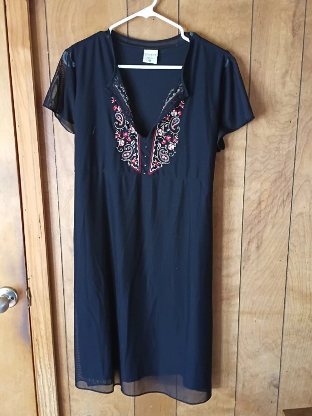 Motherhood Maternity Black Embroidered Shift Dress XL Boho Sheer Sleeve